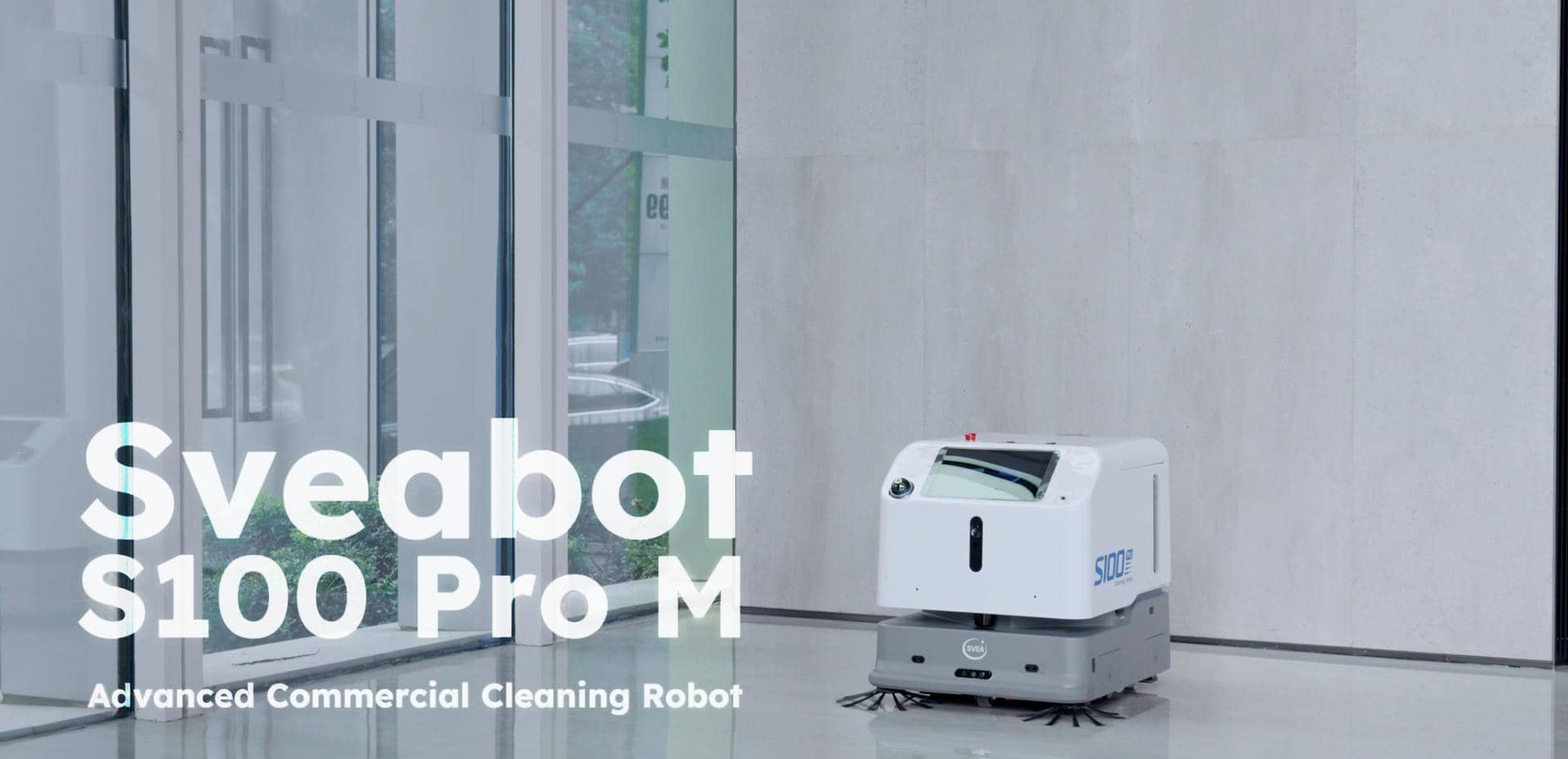 Sveabot S100 Pro M autonomous cleaning robot working in a commercial building lobby.